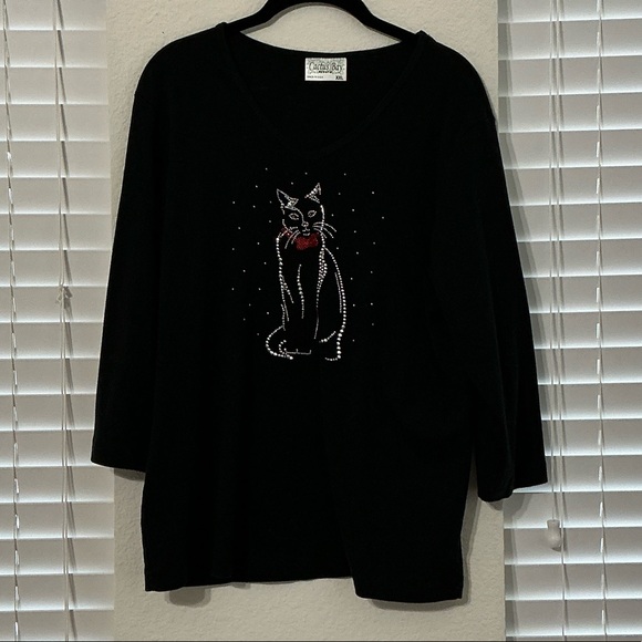 Cactus Bay Tops - Elegant Black Cat Embellished Blouse